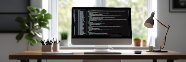A bright workspace featuring a large monitor displaying coding tasks in a clean home office with