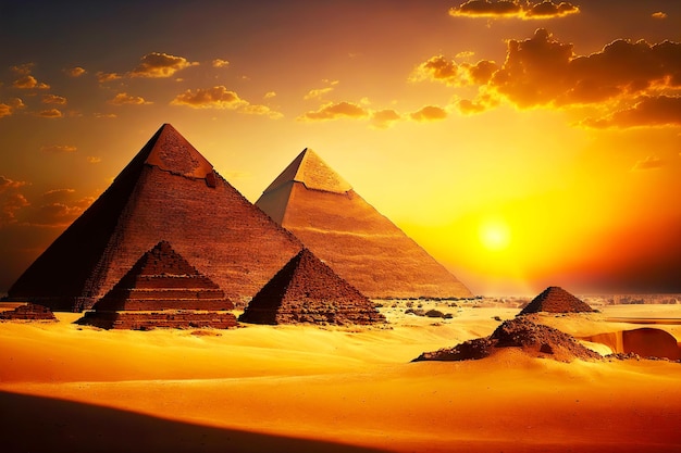 Bright yellow background with ancient Egyptian pyramids and tombs of pharaoh