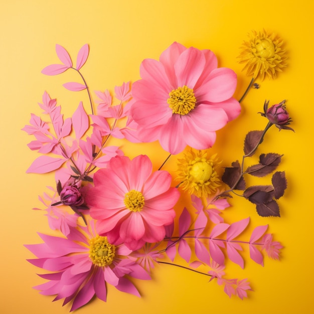 A bright yellow background with flowers and leaves on it.