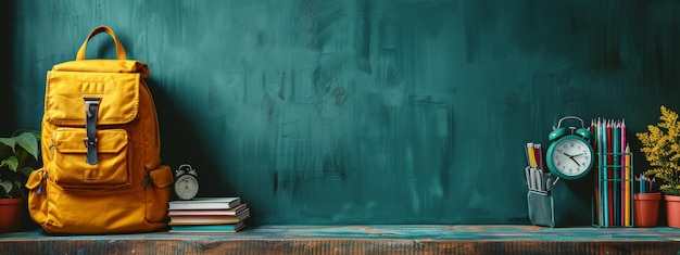 Photo bright yellow backpack with school supplies on a wooden table against a dark teal wall