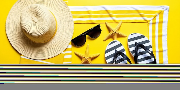 Bright Yellow Beach Essentials Flat Lay with Straw Hat Sunglasses and Starfish Generative AI