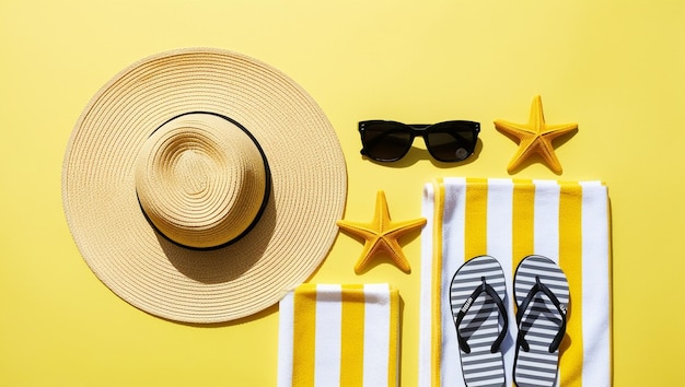 Bright Yellow Beach Essentials Flat Lay with Straw Hat Sunglasses and Starfish Generative AI