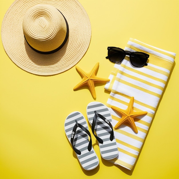 Bright Yellow Beach Essentials Flat Lay with Straw Hat Sunglasses and Starfish Generative AI