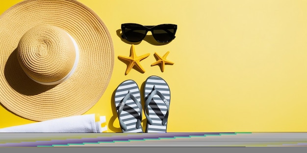 Photo bright yellow beach essentials flat lay with straw hat sunglasses and starfish generative ai