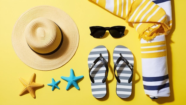 Bright Yellow Beach Essentials Flat Lay with Straw Hat Sunglasses and Starfish Generative AI