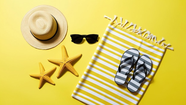 Bright Yellow Beach Essentials Flat Lay with Straw Hat Sunglasses and Starfish Generative AI