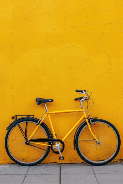 Photo a bright yellow bike leans against a sunny yellow wall in a cheerful outdoor setting