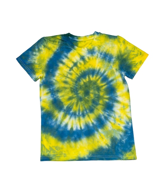 Bright yellow and blue tie dye Tshirt isolated on a white background