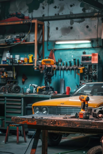 A bright yellow car is parked in a garage