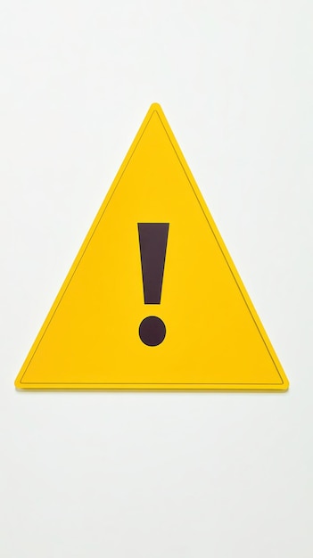 Photo bright yellow caution triangle with exclamation mark symbol on white background