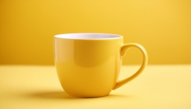 Photo bright yellow ceramic cup against yellow backdrop drink ware mug for hot beverage mockup