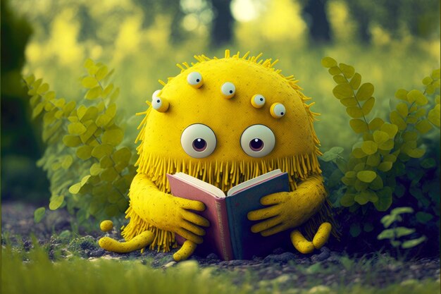 Bright yellow cute monster reads books in garden generative ai