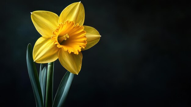 Photo bright yellow daffodil blooms against a dark background