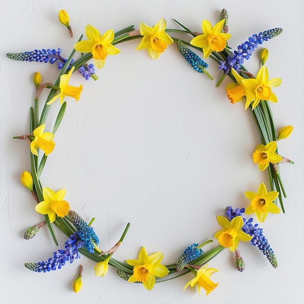 Bright yellow daffodils and blue grape hyacinths arranged in a circular wreath on a white background