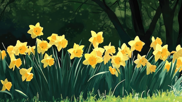 Photo bright yellow daffodils in lush spring field