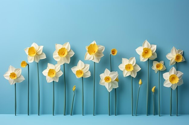 Bright yellow daffodils on peaceful blue backdrop Symbolizing spring blossom and floral elegance