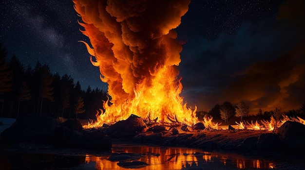 Bright yellow fire blazing against night sky generated by