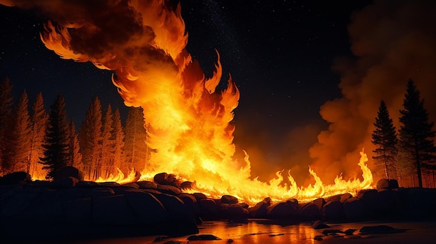 Bright yellow fire blazing against night sky generated by