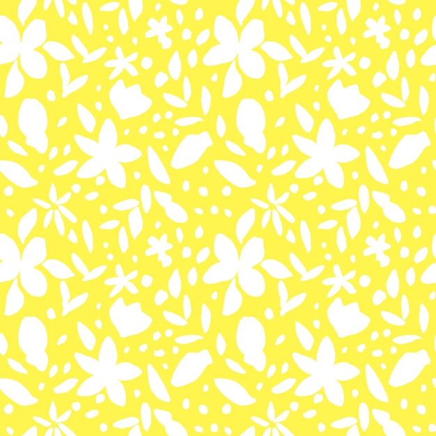 Bright yellow floral seamless pattern Summer botanical repeat print White flowers leaves on yellow