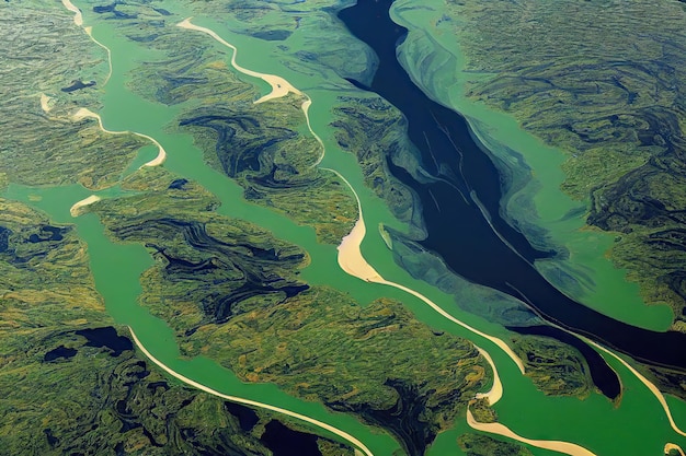 Bright yellow green valley through which Iceland aerial river flows