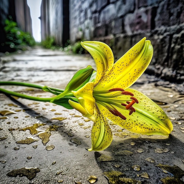 Bright yellow lily with its brilliant green leave