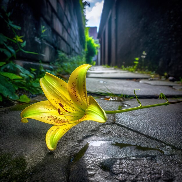 Bright yellow lily with its brilliant green leave