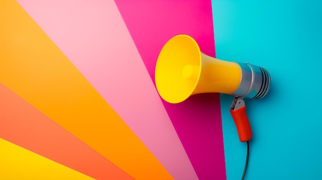 Photo a bright yellow megaphone against a backdrop of colorful paper fans commands attention and amplifies