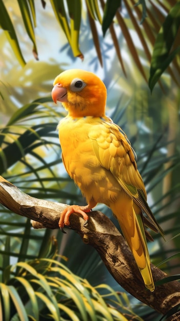 Bright yellow parrot perched on branch in tropical forest