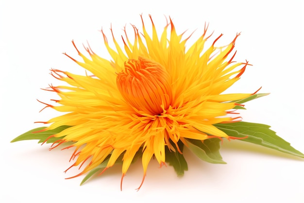 Photo the bright yellow petals of the safflower are a vibrant contrast to the green leaves the flower is in full bloom