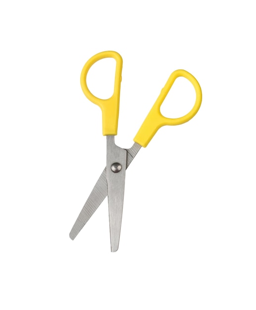 Bright yellow scissors isolated on a white background A tool for working with paper