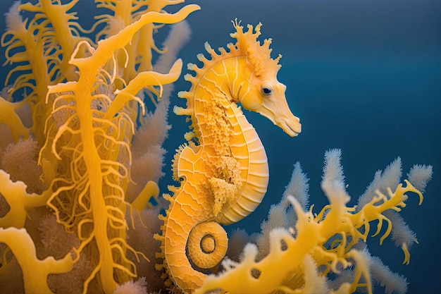 A bright yellow sea horse perched on an orange sea fan