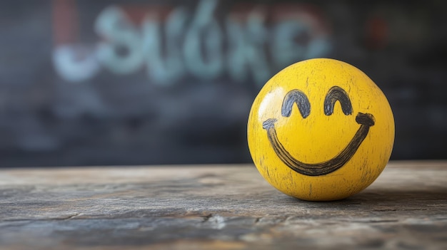 Photo a bright yellow smiley ball sits happily on a desk in a stylish office environment