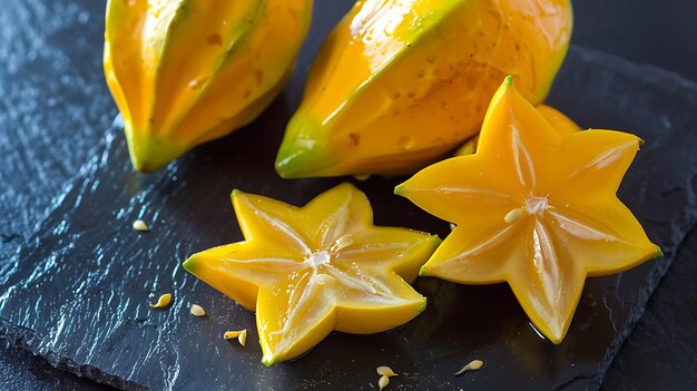 Photo bright yellow star fruit slices arranged artfully on dark slate board a healthy tropical treat