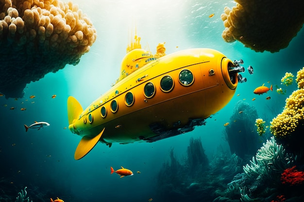 A bright yellow submarine exploring the ocean floor