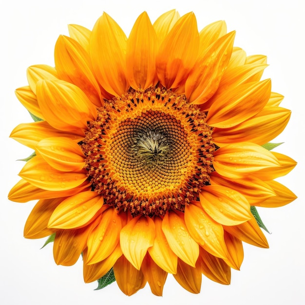 A bright yellow sunflower with a green center and a white background.