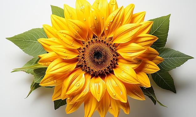 Bright Yellow Sunflower With Green Leaves on White Background