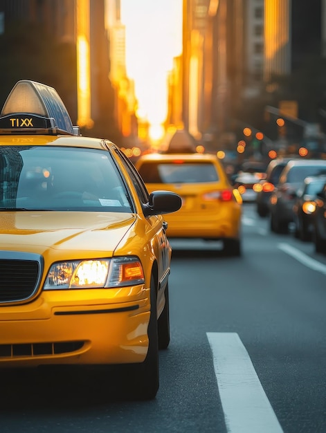 Bright Yellow Taxi Driving Through Traffic