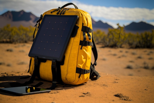 Bright yellow travel backpack with solar panel electricity for camping and the outdoors compact sola