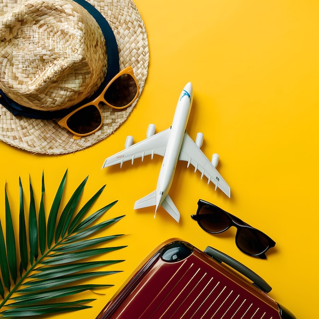 Bright yellow travel themed flat lay with hat sunglasses plane model suitcase and palm leaf For