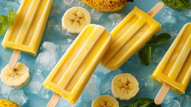 Photo bright yellow vegan banana ice cream popsicles