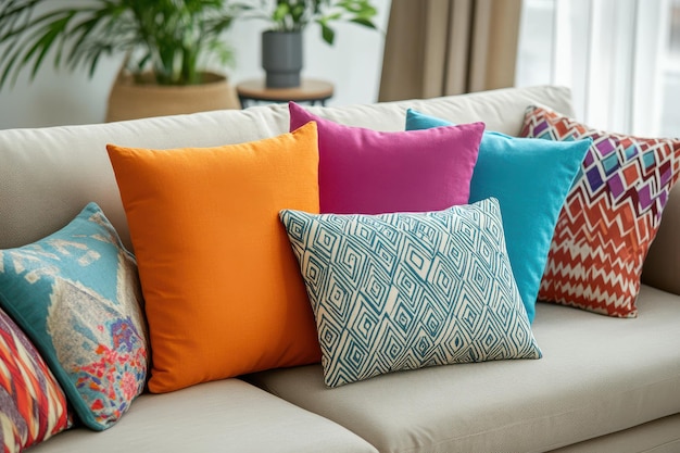 Brighten Your Space with a Beige Interior Featuring a Multicolored Cushion for Stylish Decor