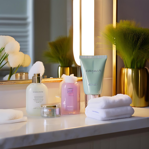 BrightGlow toothpaste on a chic vanity with a fresh fluffy washcloth and modern accessories