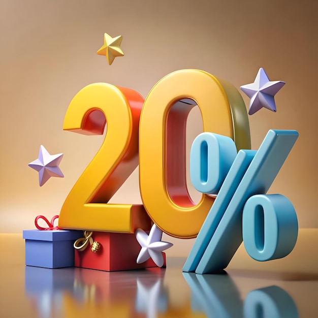 Brightly colored 3D rendering of a 20 off sale sign with stars and presents