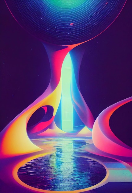 Brightly colored abstract art of a futuristic structure with reflection generative ai