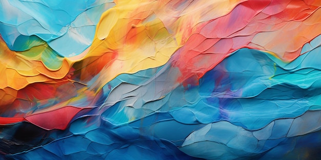 Brightly colored abstract painting of a mountain range with a sky background generative ai