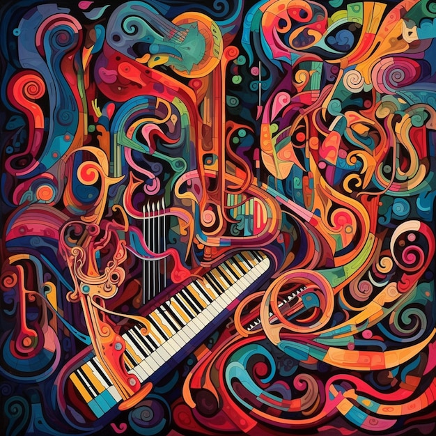 Brightly colored abstract painting of a musical instrument and a piano generative ai