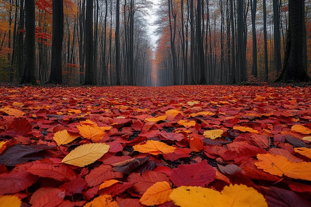 Brightly colored autumn leaves on forest floor