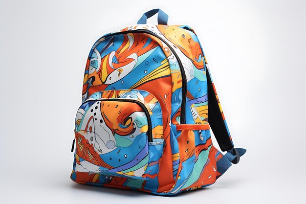 Photo brightly colored backpack with a cartoon cat and fish design