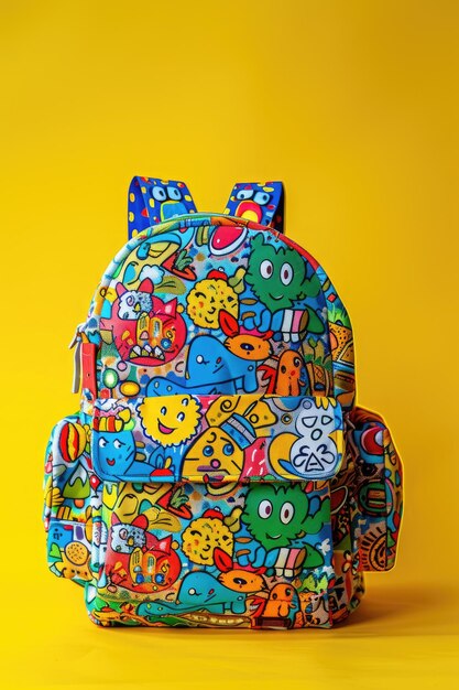 Photo brightly colored backpack with cartoon characters