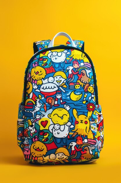 Photo brightly colored backpack with cartoon characters